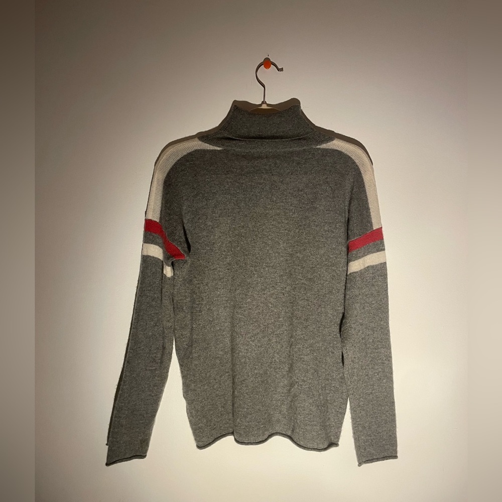 Velvet grey turtleneck sweater with white and red stripes. 100% cashmere. Sz S.